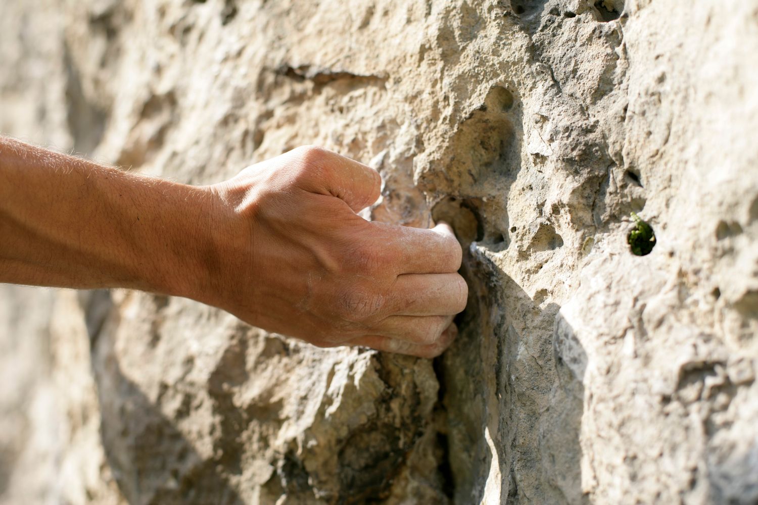 Main de grimpeur agrippée à une prise en falaise