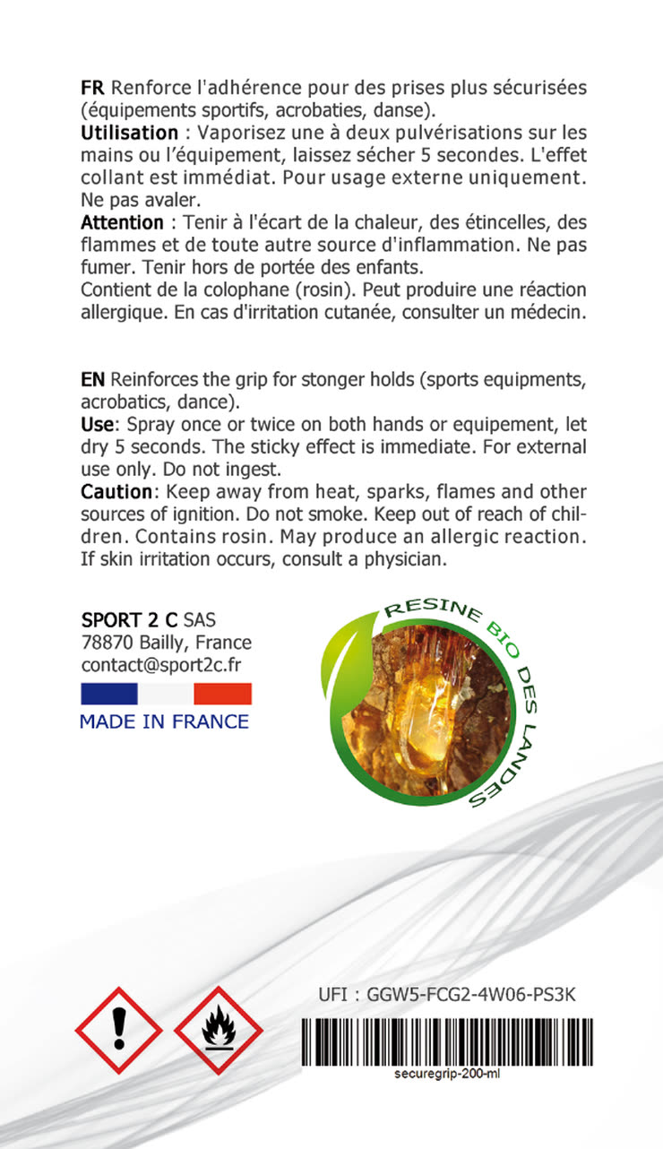 Étiquette arrière du flacon Secure Grip